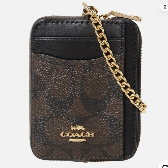 NWT COACH Zip Card ID Case Signature Canvas CW883 Walnut Brown / Black NEW - Picture 1 of 7